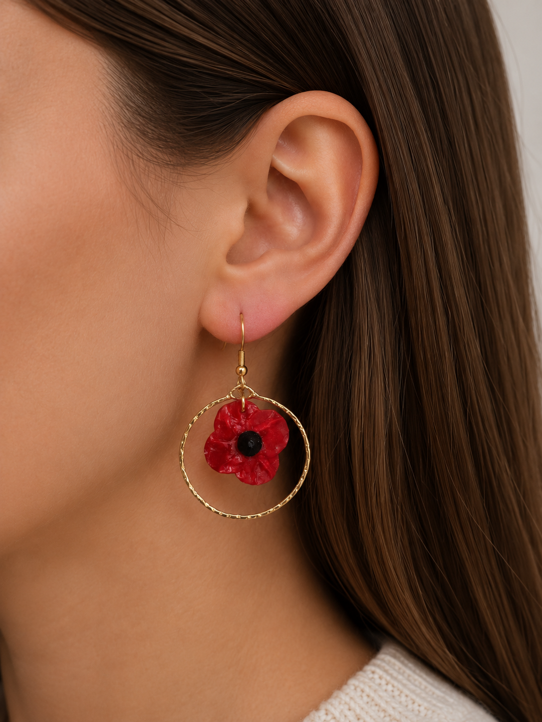 Boucles d'oreilles créoles coquelicot rouge et doré