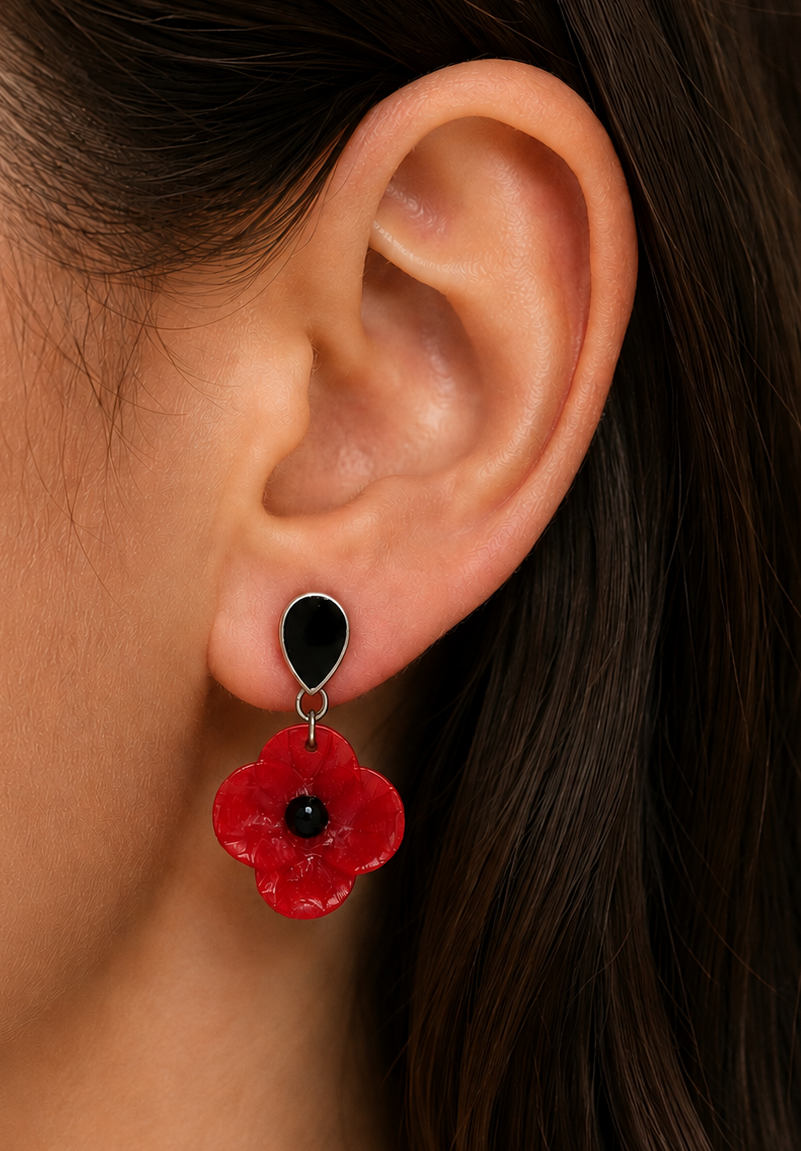 Boucles d'oreilles coquelicot clou pendante rouge et noir