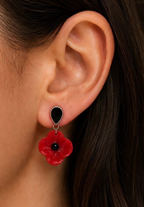 Boucles d'oreilles coquelicot clou pendante rouge et noir